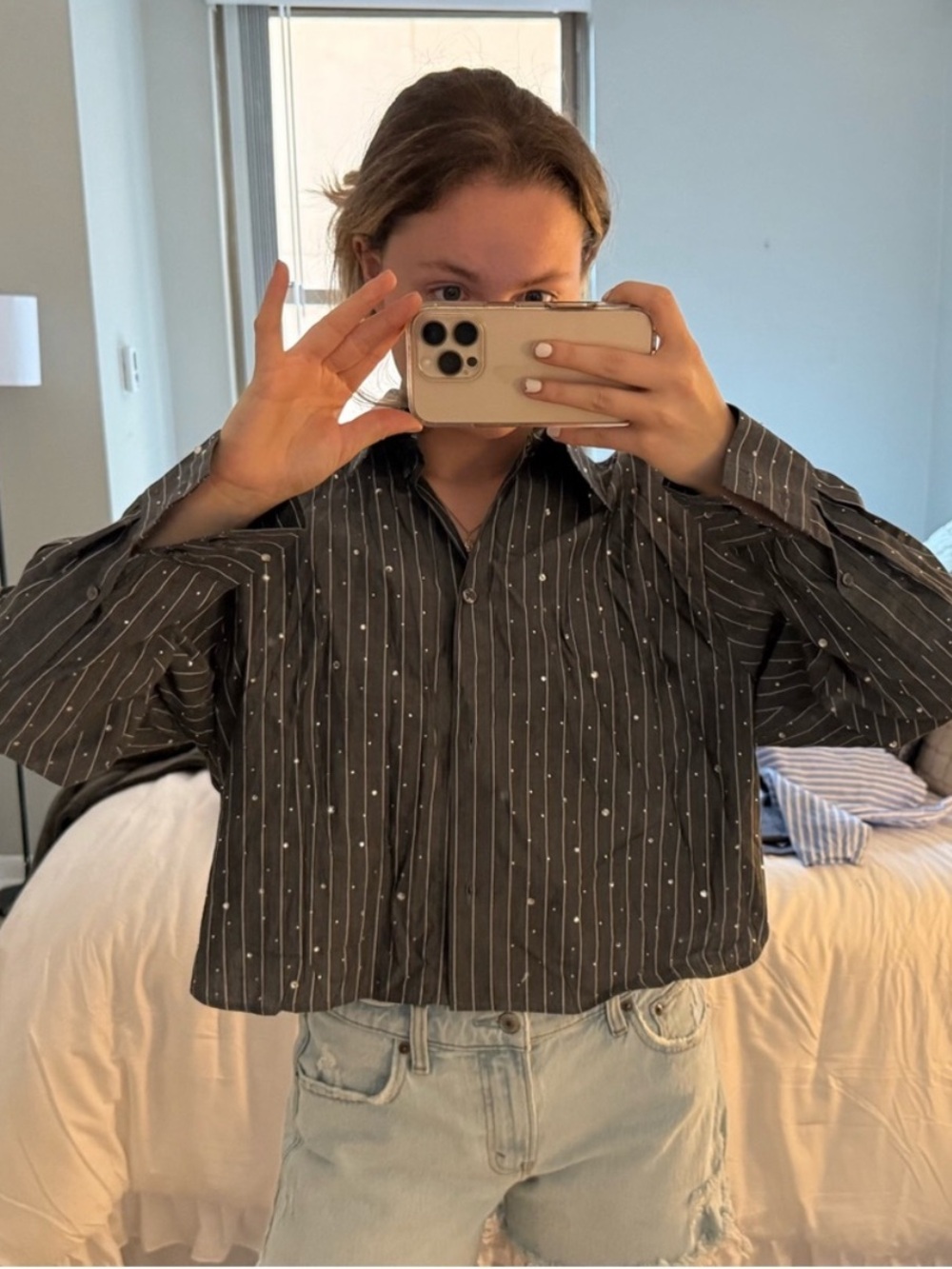 H&M Gray Striped Jeweled Button Up Shirt